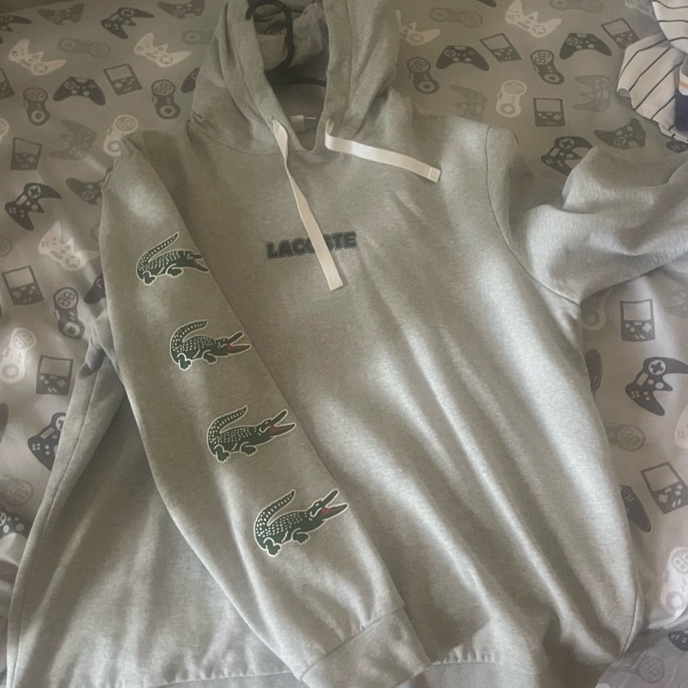 Lacoste Light Gray Hoodie with Green Logo XXL